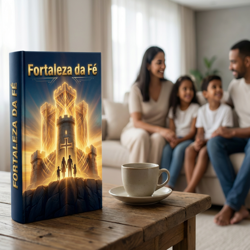 Livro Fortaleza da Fé com família cristã ao fundo